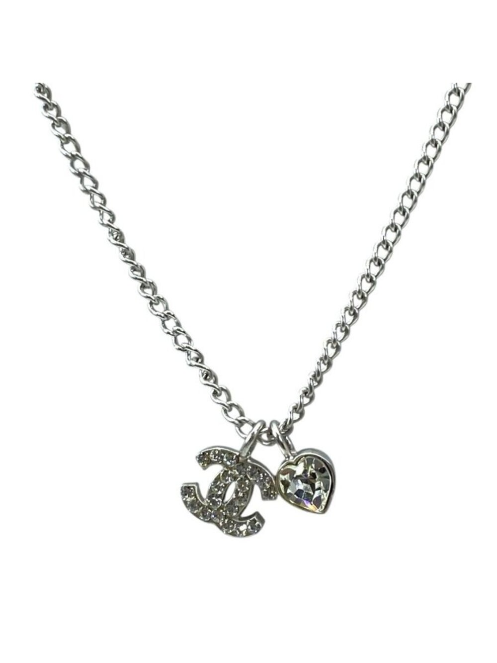 Chanel Pendant CC Logo Heart Metal Rhinestone Silver